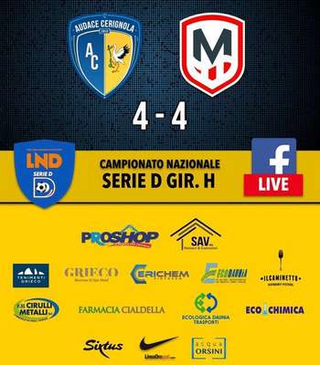 Audace Cerignola-Molfetta, la giostra del gol termina in parità con il punteggio di 4-4