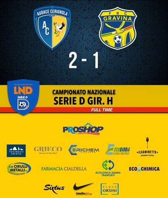 L'Audace Cerignola rimonta il Gravina battendolo 2-1 e resta in corsa per i play-off