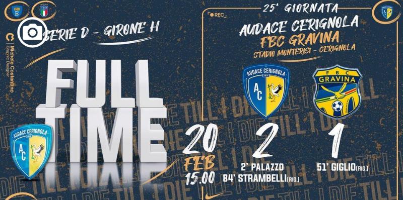L'Audace Cerignola batte il Gravina 2-1 e stacca il Bitonto in vetta alla classifica